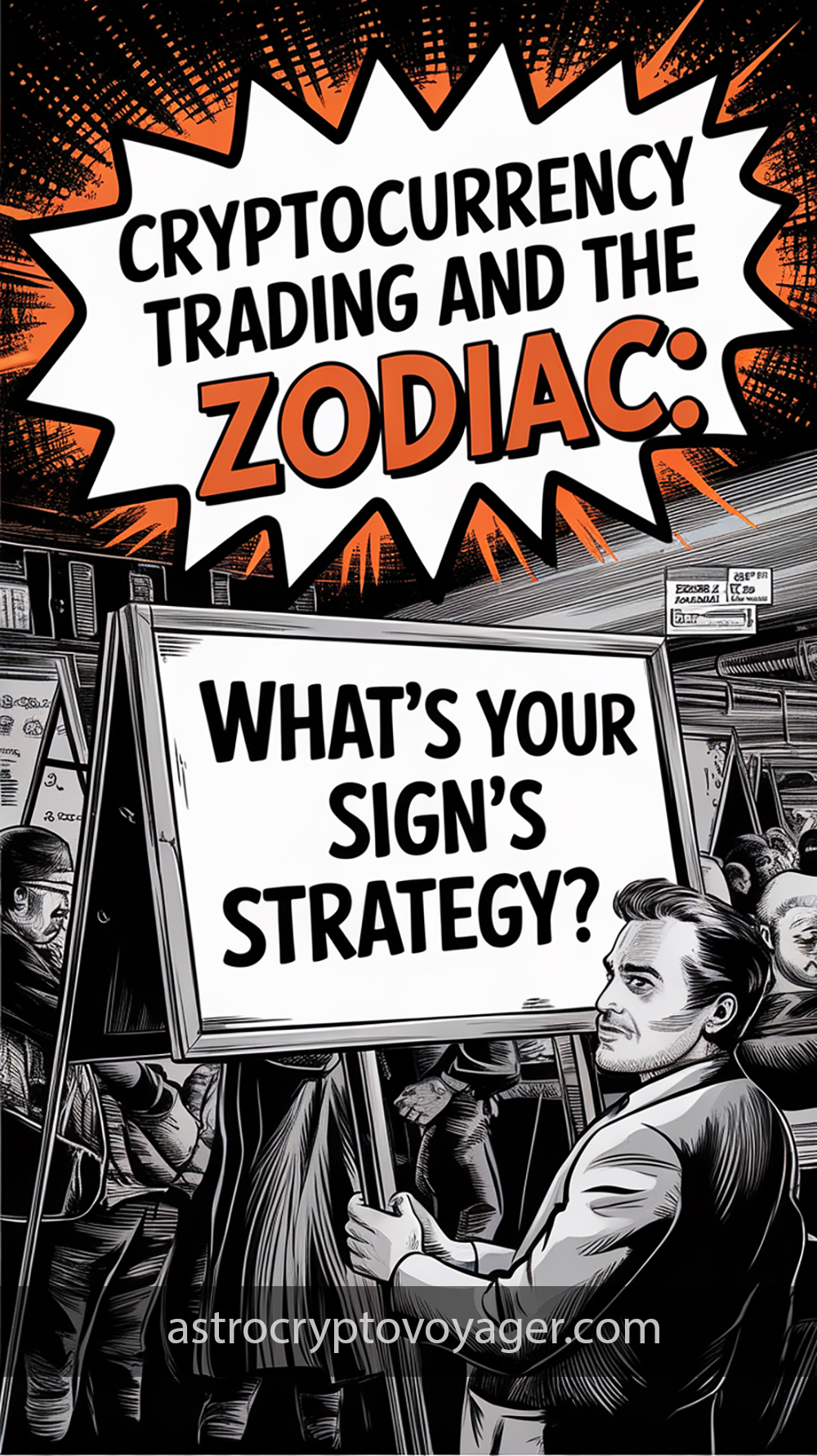 Comic book style, black and white with orange accents: Text on the image: "Cryptocurrency Trading and the Zodiac What’s Your Sign’s Strategy"